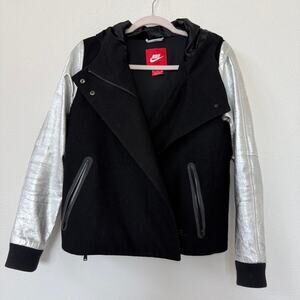 NIKE Wool Leather Sleeve Moto Jacket Black Silver Hooded Medium Women Streetwear